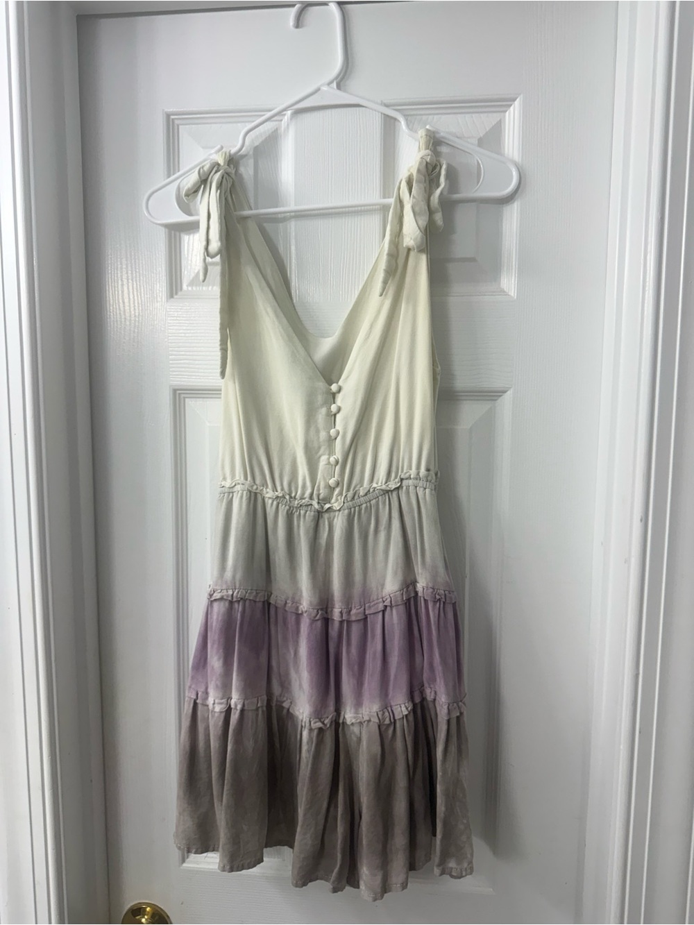 Tie-Shoulder Ombre Tiered Romper in Cream and Purple